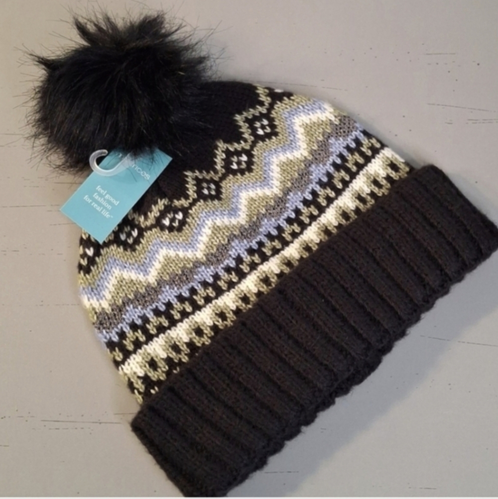 Maurices Black & Cream Knit Beanie with Pom-Pom
